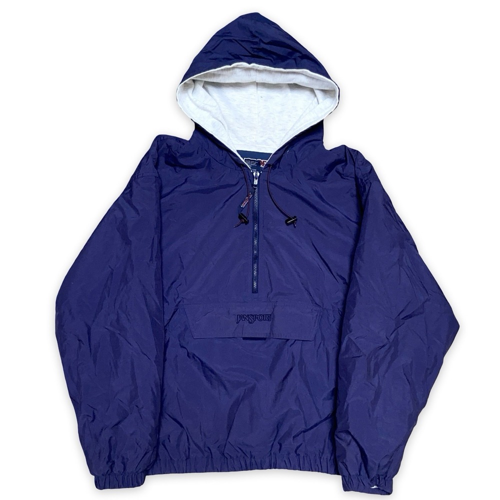 Vintage Jansport Half Zip Pullover Windbreaker Jacket Blue Hooded Packable XL